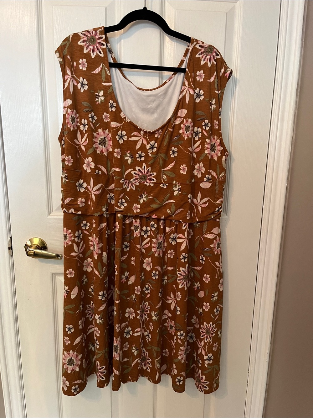 Modcloth Brown Midi Dress with Pink Floral Print